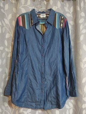 Crazy Train Blue Denim Button-Down Shirt with Multicolor Stripe Yoke size 2XL